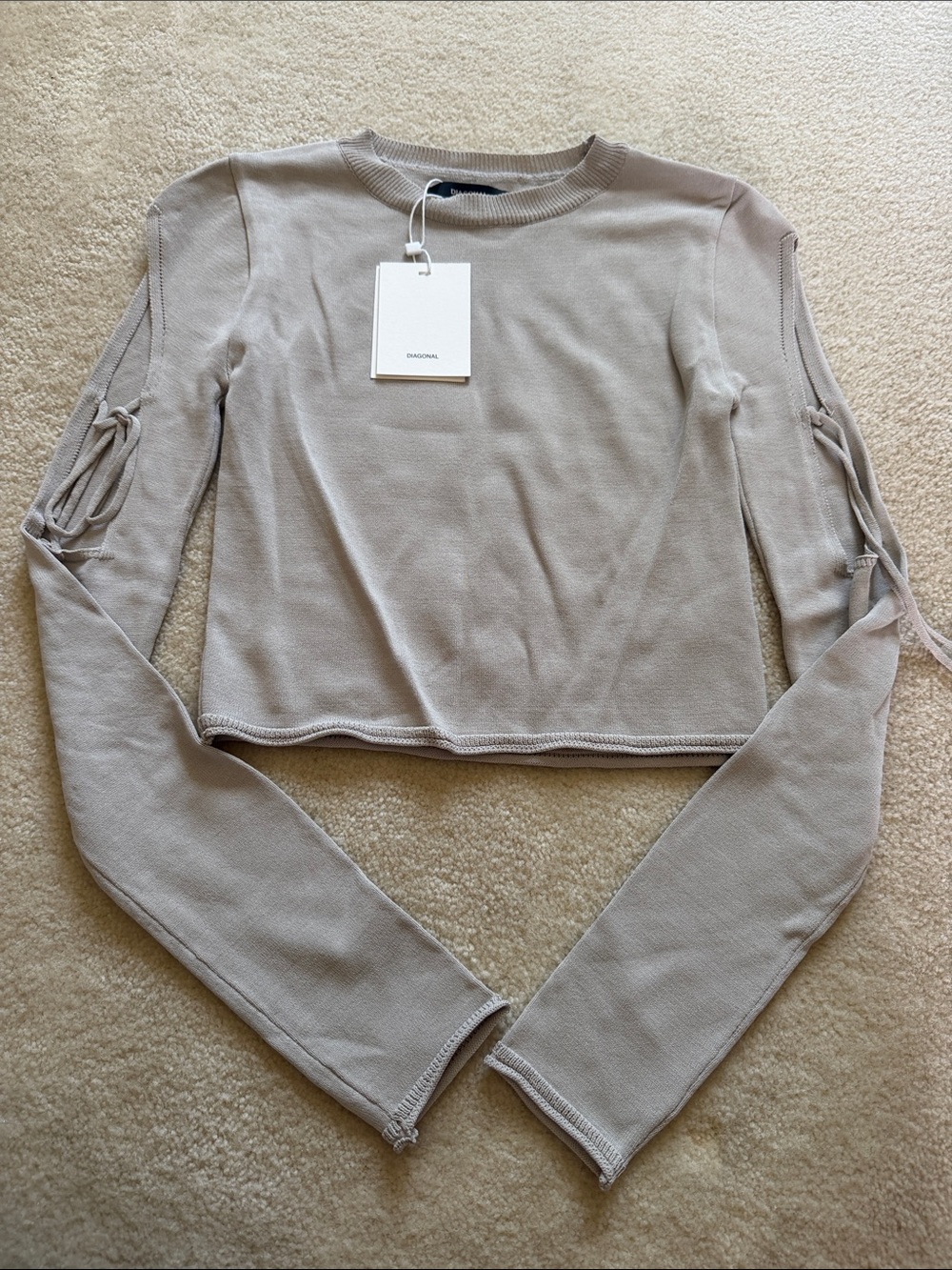 Diagonal Taupe Tie-Sleeve Cropped Knit Top